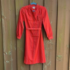 Vintage Schrader Sport Petites Red Pinstripe Long Sleeve Belted Midi Shirt Dress